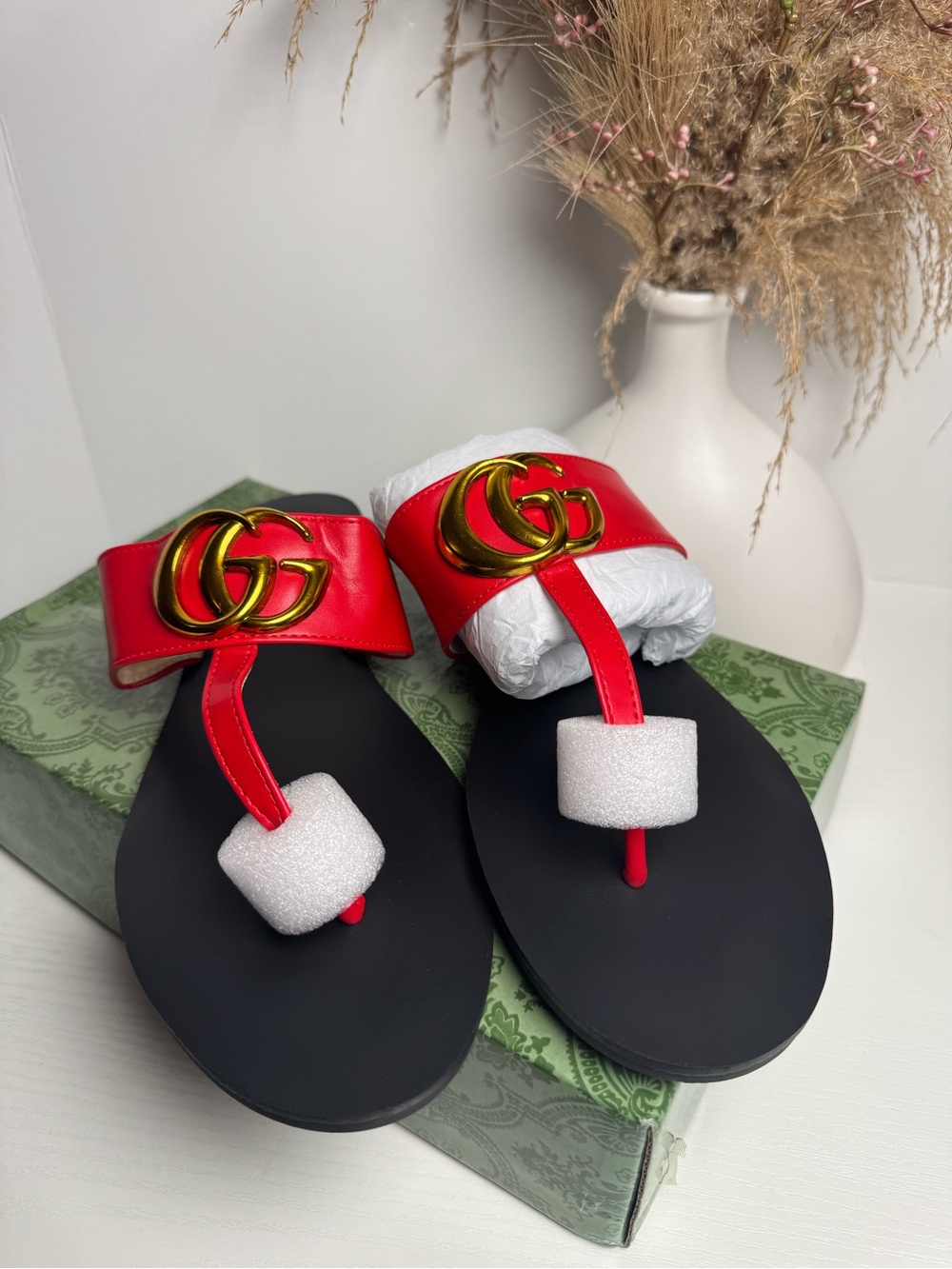 Gucci Red and Black GG Thong Sandals with Gold Hardware
